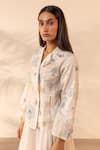 Ourdve_Off White Cotton Embroidery, Pearls Lush Floral Applique Double Breasted Jacket _Online_at_Aza_Fashions