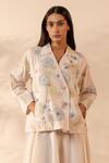 Buy_Ourdve_Off White Cotton Embroidery, Pearls Lush Floral Applique Double Breasted Jacket _at_Aza_Fashions