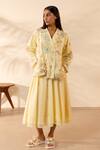Buy_Ourdve_Yellow Cotton Applique, Lush Floral Double Breasted Jacket With Skirt _at_Aza_Fashions