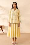 Ourdve_Yellow Cotton Applique, Lush Floral Double Breasted Jacket With Skirt _at_Aza_Fashions