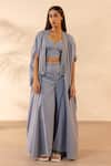 Buy_Ourdve_Blue Cotton Embroidery Open Neck Zinnia Shrug And Wide Legged Pant Set _at_Aza_Fashions