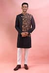 Buy_Arihant Rai Sinha_Black Jacquard, Polyester, Viscose Floral Sherwani And Pant Set _Online_at_Aza_Fashions
