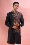 Shop_Arihant Rai Sinha_Black Jacquard, Polyester, Viscose Floral Sherwani And Pant Set _Online_at_Aza_Fashions