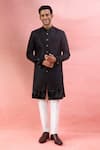 Buy_Arihant Rai Sinha_Black Silk, Polyester, Viscose Embroidery Patta Pattern Sherwani And Pant Set _at_Aza_Fashions