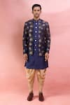 Shop_Arihant Rai Sinha_Blue Silk, Polyester, Viscose Jacquard Jacket Sherwani And Peshawari Pant Set _Online_at_Aza_Fashions