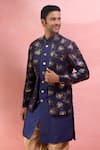 Arihant Rai Sinha_Blue Silk, Polyester, Viscose Jacquard Jacket Sherwani And Peshawari Pant Set _at_Aza_Fashions