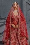 Jigar Mali_Red Silk, Net Embroidery, Zari, Sequins V-neck Raw Lehenga Set With Veil _Online_at_Aza_Fashions