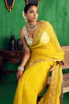 Shop_Jigar Mali_Yellow Chanderi Embroidery, Zari Sweetheart Neck Saree _at_Aza_Fashions