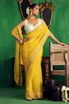 Buy_Jigar Mali_Yellow Chanderi Embroidery, Zari Sweetheart Neck Saree _at_Aza_Fashions