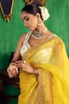 Jigar Mali_Yellow Chanderi Embroidery, Zari Sweetheart Neck Saree _Online_at_Aza_Fashions