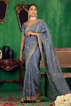 Buy_Jigar Mali_Gray Chanderi Embroidery, Zari V-neck Saree And Blouse Set _at_Aza_Fashions