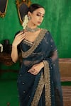Shop_Jigar Mali_Green Organza Embroidery, Zari Sweetheart Neck Saree And Blouse Set _at_Aza_Fashions