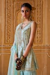 Shop_Jigar Mali_Mint Dupion Embroidery, Zari V-neck Kurta Gharara And Dupatta Set _at_Aza_Fashions