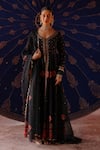 Buy_Jigar Mali_Navy Chanderi Embroidery V-neck Anarkali Set With Dupatta And Pant _at_Aza_Fashions