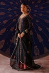 Jigar Mali_Navy Chanderi Embroidery V-neck Anarkali Set With Dupatta And Pant _Online_at_Aza_Fashions