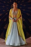 Buy_Jigar Mali_Yellow Chanderi Embroidery, Zari Open Neck, Blouse, Pleated Sharara And Cape Set _at_Aza_Fashions