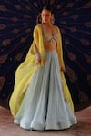 Jigar Mali_Yellow Chanderi Embroidery, Zari Open Neck, Blouse, Pleated Sharara And Cape Set _Online_at_Aza_Fashions