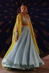 Shop_Jigar Mali_Yellow Chanderi Embroidery, Zari Open Neck, Blouse, Pleated Sharara And Cape Set _at_Aza_Fashions