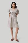 Buy_Reistor_Gray Cotton V-neck Pleated Tent Dress _at_Aza_Fashions