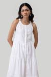 Reistor_White Cotton Embroidery, Cut Work Halter Neck Tiered Dress _Online_at_Aza_Fashions