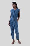 Buy_Reistor_Blue Cotton Round Neck Denim Jumpsuit With Detachable Belt _at_Aza_Fashions