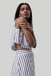 Buy_Reistor_Blue Cotton Round Neck Striped Boxy Crop Top With Overlap Midi Skirt _Online_at_Aza_Fashions