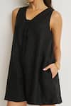 Shop_Reistor_Black Cotton V-neck Pintuck Placket Romper _Online_at_Aza_Fashions