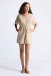 Buy_Reistor_Beige Cotton V-neck Drawstring Waist Romper _at_Aza_Fashions