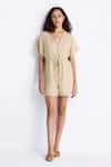 Reistor_Beige Cotton V-neck Drawstring Waist Romper _Online_at_Aza_Fashions