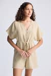 Buy_Reistor_Beige Cotton V-neck Drawstring Waist Romper _Online_at_Aza_Fashions