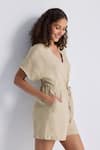 Shop_Reistor_Beige Cotton V-neck Drawstring Waist Romper _Online_at_Aza_Fashions