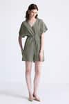 Buy_Reistor_Olive Green Cotton V-neck V Drawstring Waist Romper _at_Aza_Fashions