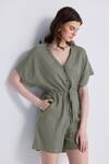 Buy_Reistor_Olive Green Cotton V-neck V Drawstring Waist Romper 