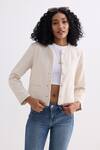 Buy_Reistor_Cream Cotton Round Neck Tweed Cropped Lady Jacket _at_Aza_Fashions