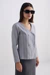 Reistor_Gray Cotton V-neck Tweed Overlap Button Jacket _at_Aza_Fashions