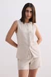 Shop_Reistor_Off White Cotton Round Neck Tweed Sleeveless Jacket _Online_at_Aza_Fashions