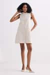 Buy_Reistor_Off White Cotton Mandarin Collar Sleeveless Button-front Dress _at_Aza_Fashions