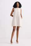 Reistor_Off White Cotton Mandarin Collar Sleeveless Button-front Dress _Online_at_Aza_Fashions