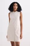 Shop_Reistor_Off White Cotton Mandarin Collar Sleeveless Button-front Dress _Online_at_Aza_Fashions