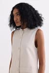 Reistor_Off White Cotton Mandarin Collar Sleeveless Button-front Dress _at_Aza_Fashions