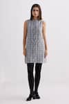 Buy_Reistor_Gray Cotton Mandarin Collar Plaid Tweed Shift Dress _at_Aza_Fashions