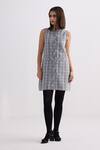 Buy_Reistor_Gray Cotton Mandarin Collar Plaid Tweed Shift Dress _Online_at_Aza_Fashions