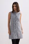 Reistor_Gray Cotton Mandarin Collar Plaid Tweed Shift Dress _at_Aza_Fashions