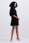 Reistor_Black Crepe V-neck Puff Sleeve Dress _Online_at_Aza_Fashions