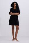 Shop_Reistor_Black Crepe V-neck Puff Sleeve Dress _Online_at_Aza_Fashions