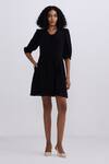 Buy_Reistor_Black Crepe V-neck Puff Sleeve Dress _at_Aza_Fashions