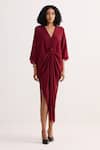 Reistor Burgundy Crepe V-neck Knotted Dress at Aza Fashions Reistor_Burgundy Crepe V-neck Knotted Dress _at_Aza_Fashions