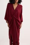 Buy Reistor Burgundy Crepe V-neck Knotted Dress Buy_Reistor_Burgundy Crepe V-neck Knotted Dress