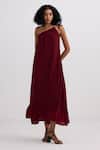 Buy_Reistor_Burgundy Crepe One Shoulder Tie-up Ruffle Hem Dress _at_Aza_Fashions