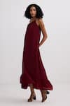 Reistor_Burgundy Crepe One Shoulder Tie-up Ruffle Hem Dress _at_Aza_Fashions
